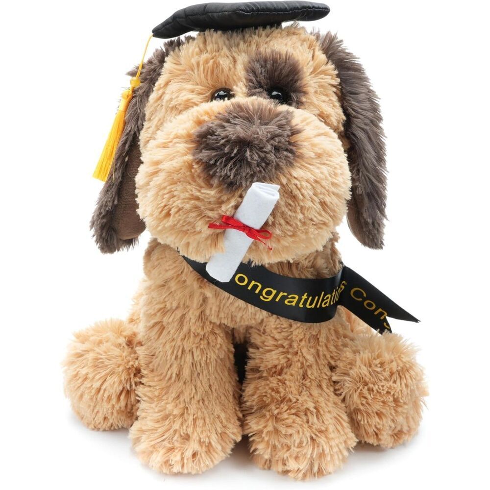 12 inches Velvet Gold Plush Puppy Stuffed Animal with Graduation Doctoral Tam